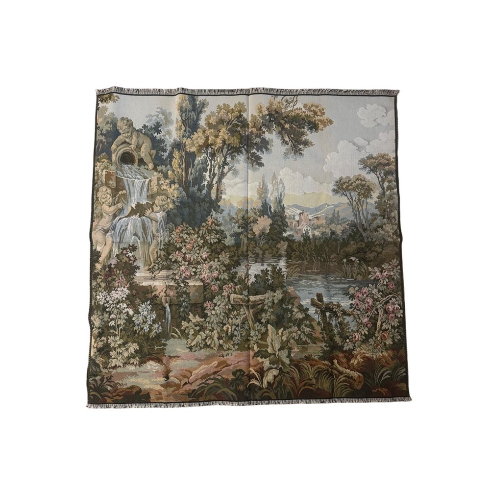 Vintage Woven Wall Tapestry Cherub Fountain Landscape‎ Floral Fringe 38x38 italy
